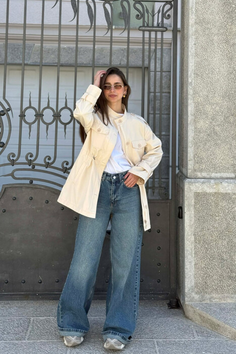 ELASTIC WAIST ONE COLOR WOMEN JACKET CREAM/KREM - 5