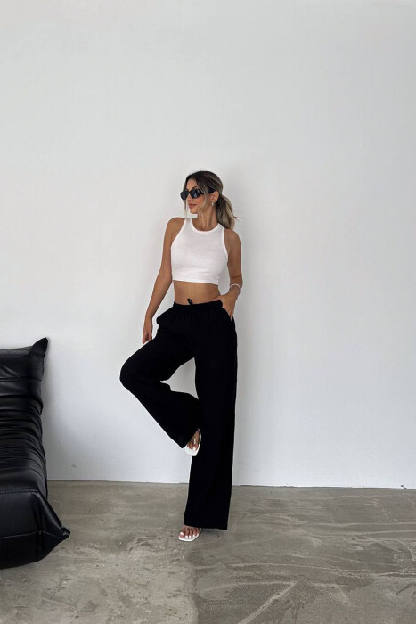 ELASTIC WAIST ONE COLOR WOMEN TROUSERS BLACK/ E ZEZE - KLAUDIO FASHION