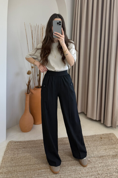 ELASTIC WAIST ONE COLOR WOMEN TROUSERS BLACK/ E ZEZE 