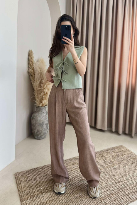 ELASTIC WAIST ONE COLOR WOMEN TROUSERS BROWN/KAFE - 1