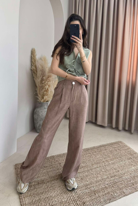 ELASTIC WAIST ONE COLOR WOMEN TROUSERS BROWN/KAFE - 2