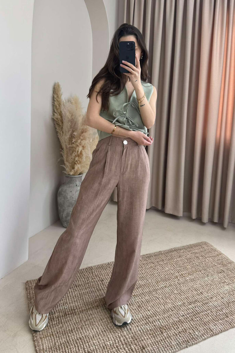 ELASTIC WAIST ONE COLOR WOMEN TROUSERS BROWN/KAFE - 2