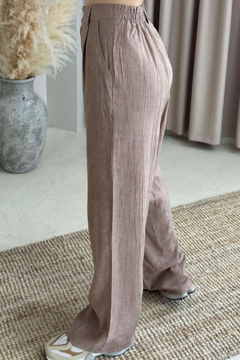ELASTIC WAIST ONE COLOR WOMEN TROUSERS BROWN/KAFE - 4