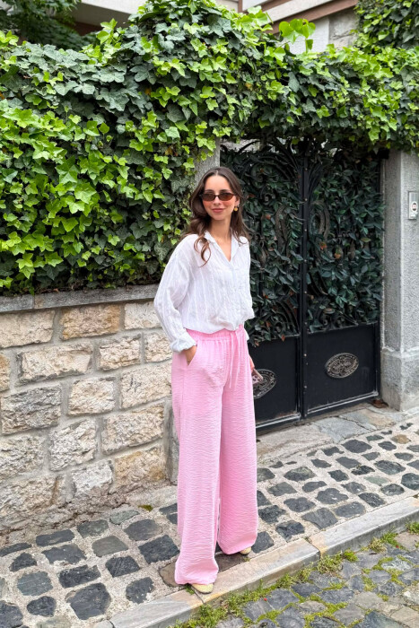 ELASTIC WAIST ONE COLOR WOMEN TROUSERS PINK/ROZE - 1
