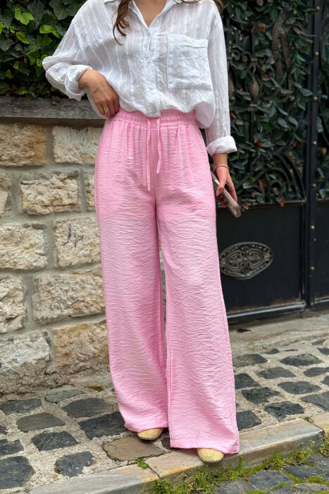 ELASTIC WAIST ONE COLOR WOMEN TROUSERS PINK/ROZE - 2