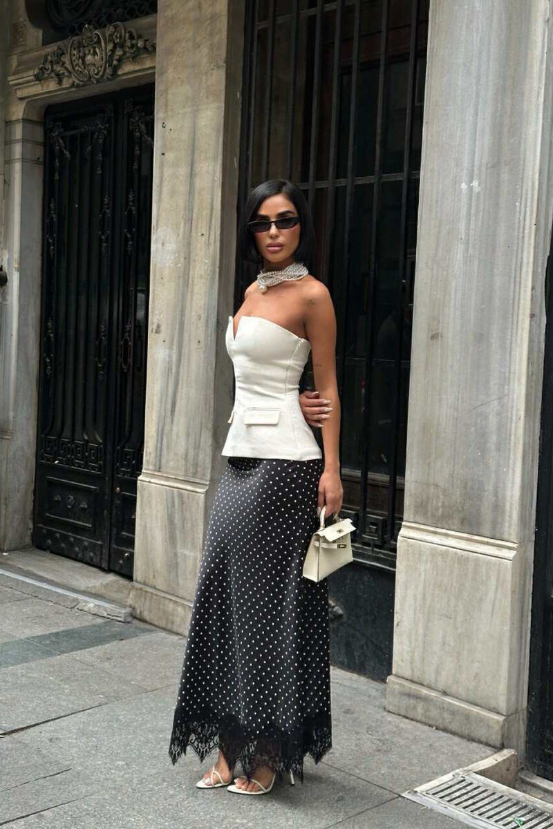 ELASTIC WAIST POLKA DOTS LONG WOMEN SKIRT BLACK/ E ZEZE - 2