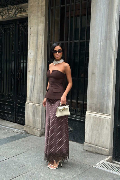 ELASTIC WAIST POLKA DOTS LONG WOMEN SKIRT BROWN/KAFE - KLAUDIO FASHION