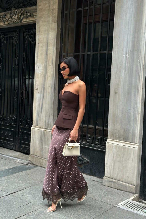 ELASTIC WAIST POLKA DOTS LONG WOMEN SKIRT BROWN/KAFE - 2