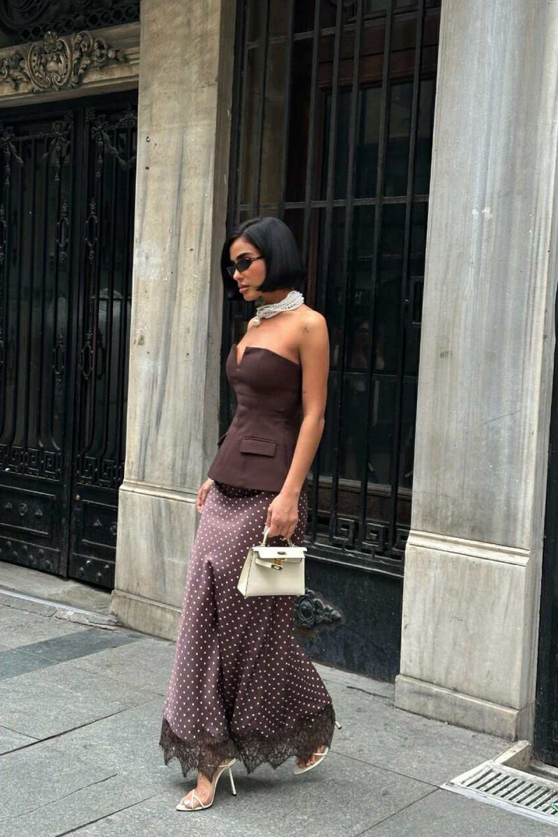 ELASTIC WAIST POLKA DOTS LONG WOMEN SKIRT BROWN/KAFE - 2