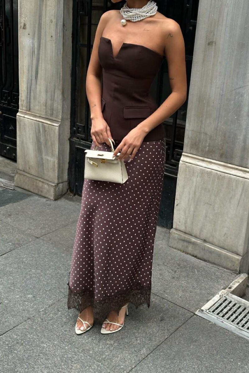 ELASTIC WAIST POLKA DOTS LONG WOMEN SKIRT BROWN/KAFE - 3