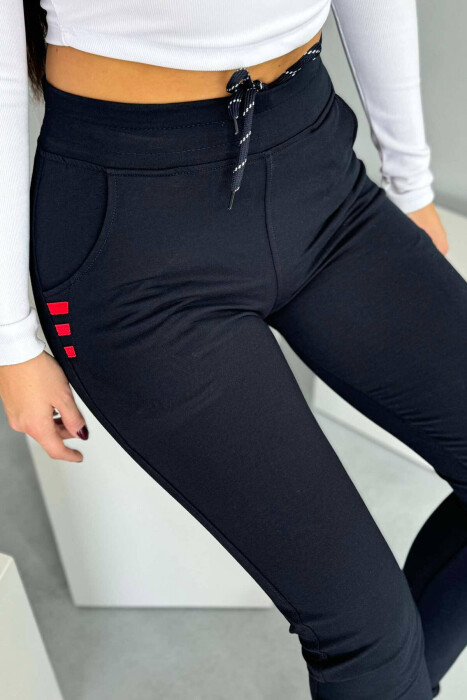 ELASTIC WAIST SIMPLE WOMEN SWEATPANTS DARK BLUE+RED/BEE+KU - 2