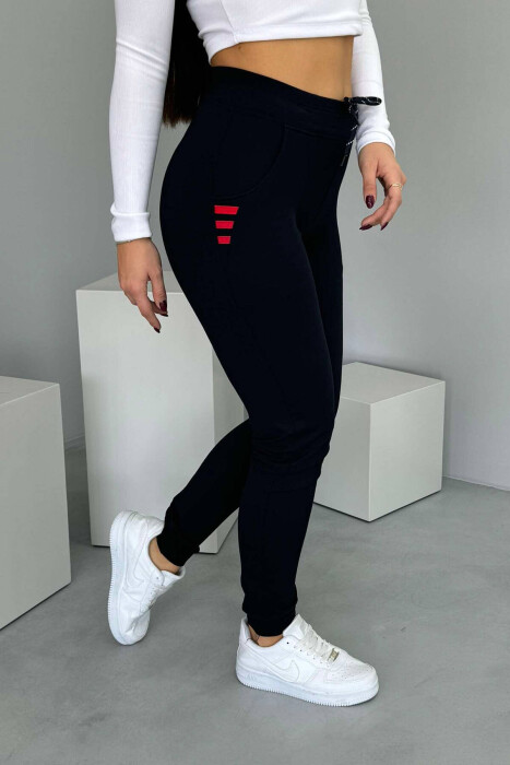 ELASTIC WAIST SIMPLE WOMEN SWEATPANTS DARK BLUE+RED/BEE+KU - 3