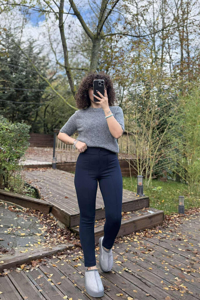 ELASTIC WAIST SIMPLE ONE COLOR WOMEN TROUSERS DARK BLUE/BEE - 1