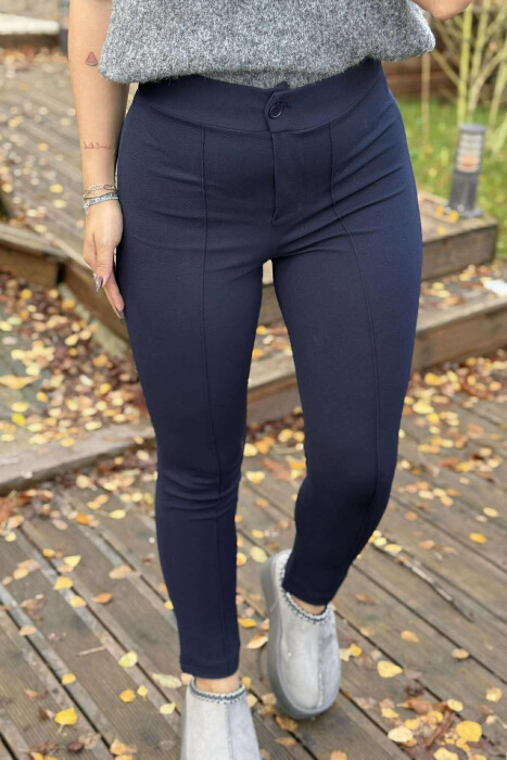 ELASTIC WAIST SIMPLE ONE COLOR WOMEN TROUSERS DARK BLUE/BEE - 2