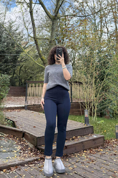 ELASTIC WAIST SIMPLE ONE COLOR WOMEN TROUSERS DARK BLUE/BEE - 3