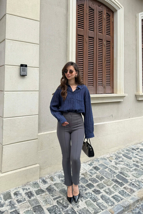 ELASTIC WAIST SIMPLE ONE COLOR WOMEN TROUSERS DARK GREY/GEE - 1