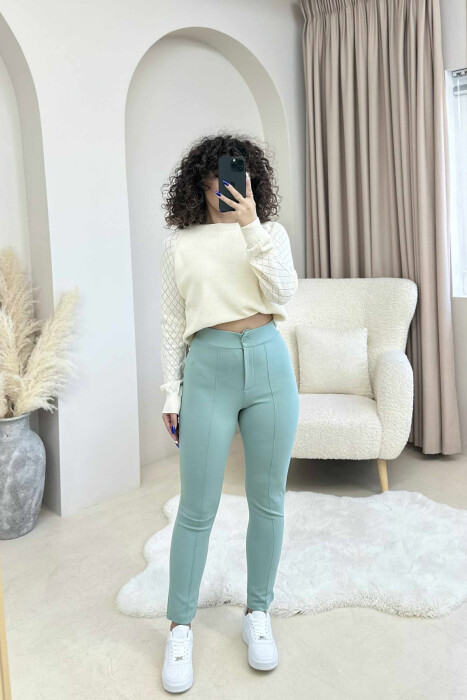 ELASTIC WAIST SIMPLE ONE COLOR WOMEN TROUSERS MINT/MENTE 