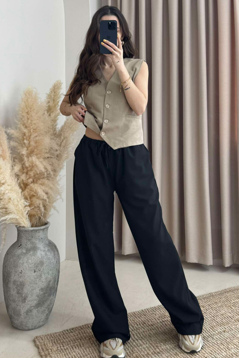 ELASTIC WAIST WIDE LEG ONE COLOR WOMEN TROUSERS BLACK/ E ZEZE - 2