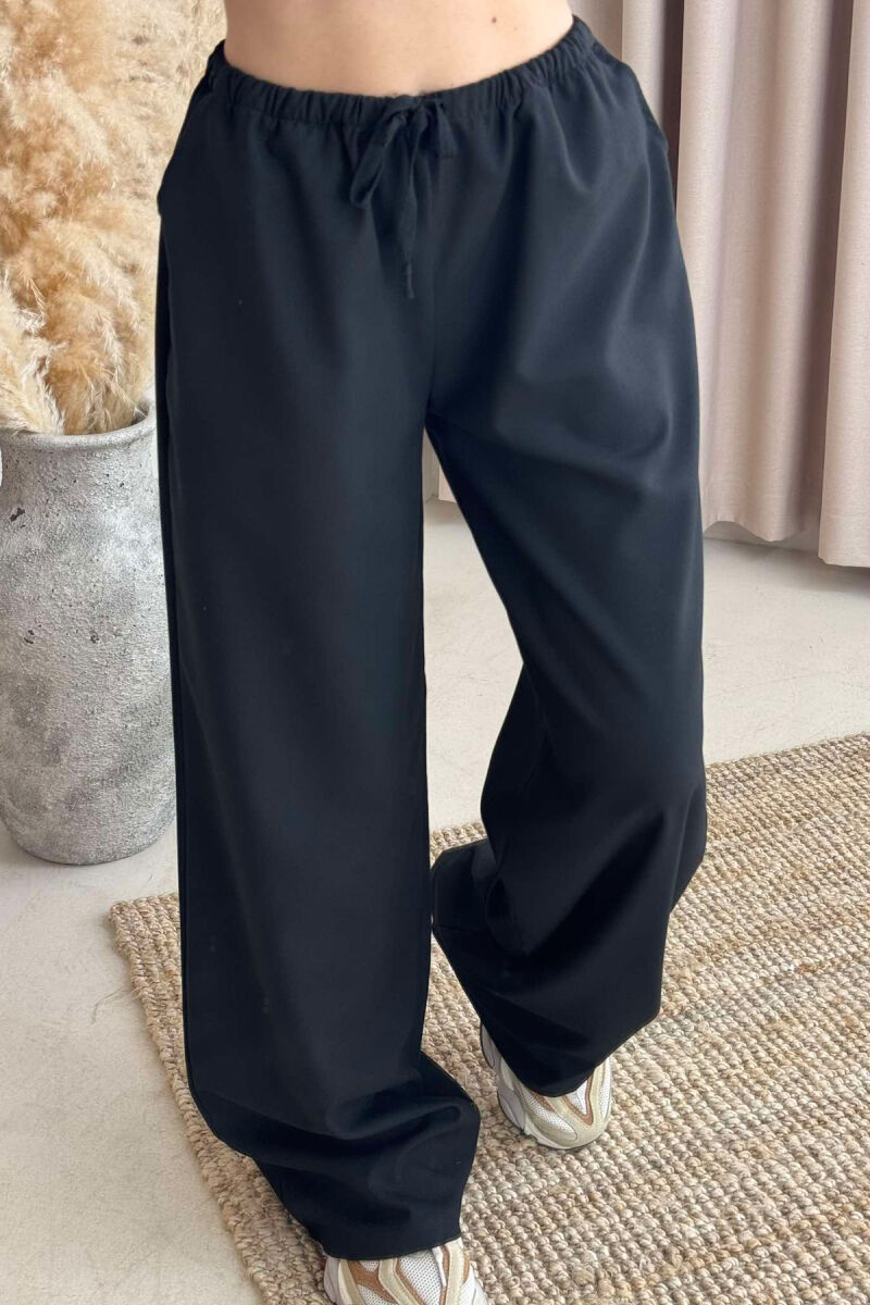 ELASTIC WAIST WIDE LEG ONE COLOR WOMEN TROUSERS BLACK/ E ZEZE - 4