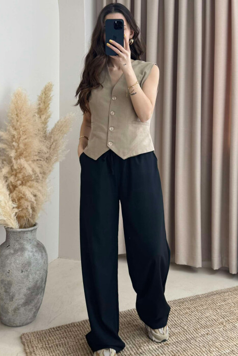 ELASTIC WAIST WIDE LEG ONE COLOR WOMEN TROUSERS BLACK/ E ZEZE 
