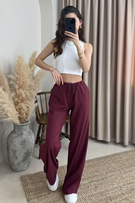 ELASTIC WAIST WIDE LEG ONE COLOR WOMEN TROUSERS BURGUNDY/VISHNJE 