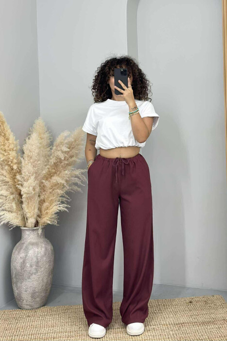 ELASTIC WAIST WIDE LEG ONE COLOR WOMEN TROUSERS BURGUNDY/VISHNJE - KLAUDIO FASHION
