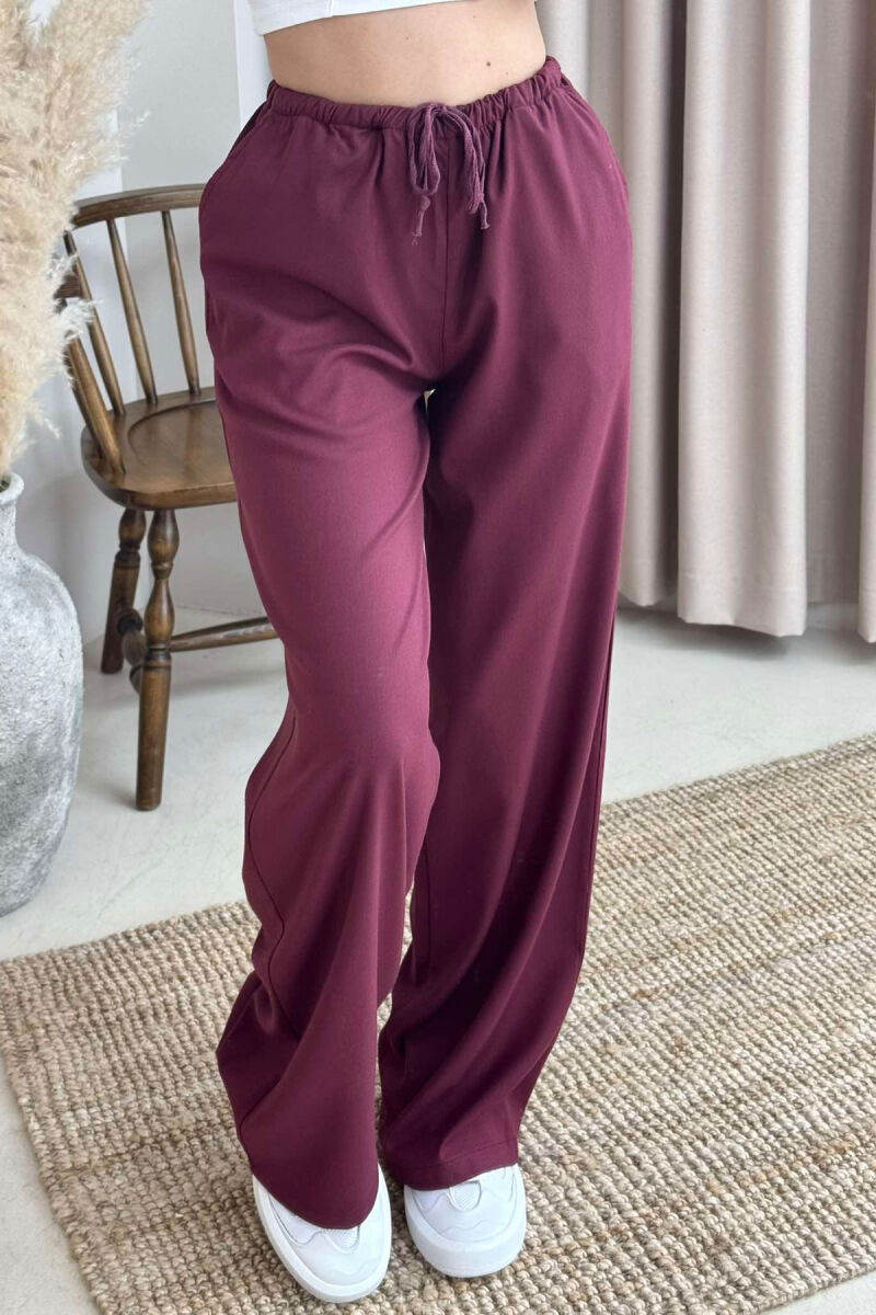 ELASTIC WAIST WIDE LEG ONE COLOR WOMEN TROUSERS BURGUNDY/VISHNJE - 3