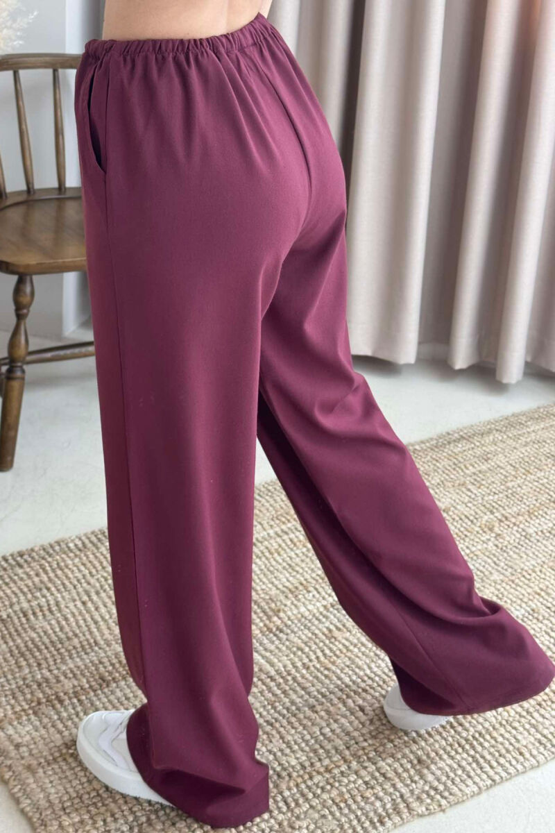 ELASTIC WAIST WIDE LEG ONE COLOR WOMEN TROUSERS BURGUNDY/VISHNJE - 4