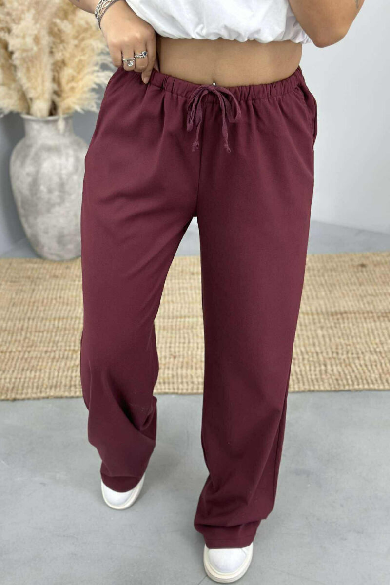 ELASTIC WAIST WIDE LEG ONE COLOR WOMEN TROUSERS BURGUNDY/VISHNJE - 3