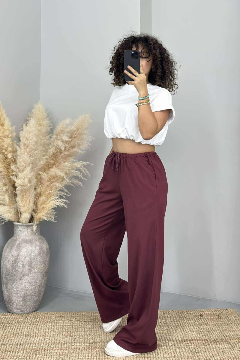 ELASTIC WAIST WIDE LEG ONE COLOR WOMEN TROUSERS BURGUNDY/VISHNJE - 2