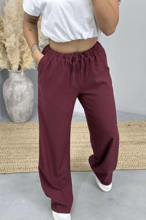 ELASTIC WAIST WIDE LEG ONE COLOR WOMEN TROUSERS BURGUNDY/VISHNJE - 4