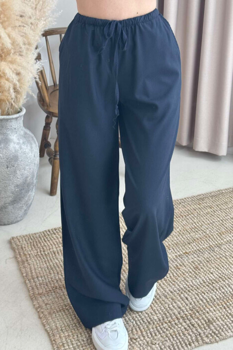 ELASTIC WAIST WIDE LEG ONE COLOR WOMEN TROUSERS DARK BLUE/BEE - 2