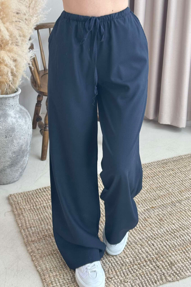 ELASTIC WAIST WIDE LEG ONE COLOR WOMEN TROUSERS DARK BLUE/BEE - 2
