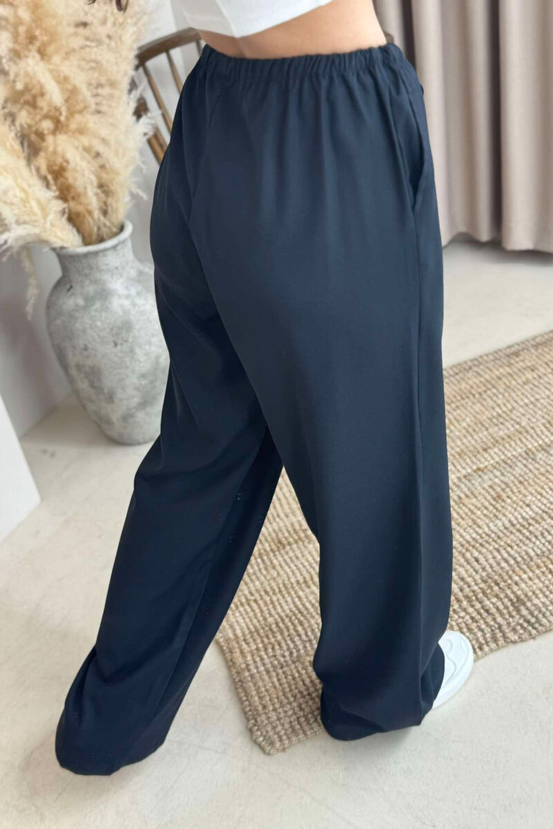 ELASTIC WAIST WIDE LEG ONE COLOR WOMEN TROUSERS DARK BLUE/BEE - 3