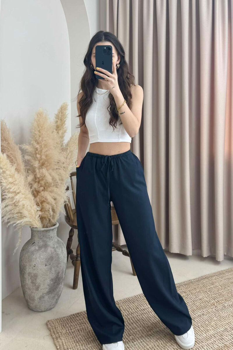 ELASTIC WAIST WIDE LEG ONE COLOR WOMEN TROUSERS DARK BLUE/BEE - 4