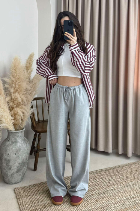 ELASTIC WAIST WIDE LEG ONE COLOR WOMEN TROUSERS LIGHT GREY/GZ 