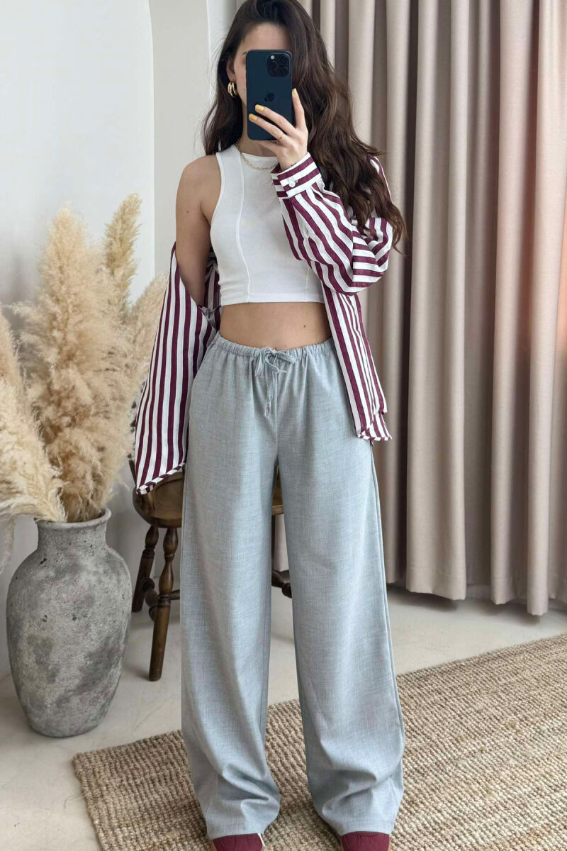 ELASTIC WAIST WIDE LEG ONE COLOR WOMEN TROUSERS LIGHT GREY/GZ - 2