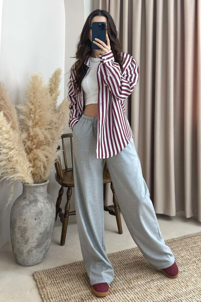 ELASTIC WAIST WIDE LEG ONE COLOR WOMEN TROUSERS LIGHT GREY/GZ - 3