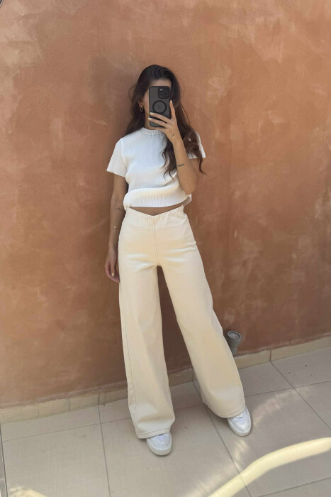 ELASTIC WAIST WIDE LEG WOMEN JEANS CREAM/KREM - KLAUDIO FASHION