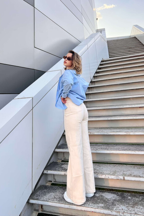 ELASTIC WAIST WIDE LEG WOMEN JEANS CREAM/KREM - 3