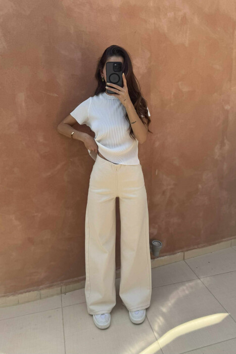 ELASTIC WAIST WIDE LEG WOMEN JEANS CREAM/KREM - 2