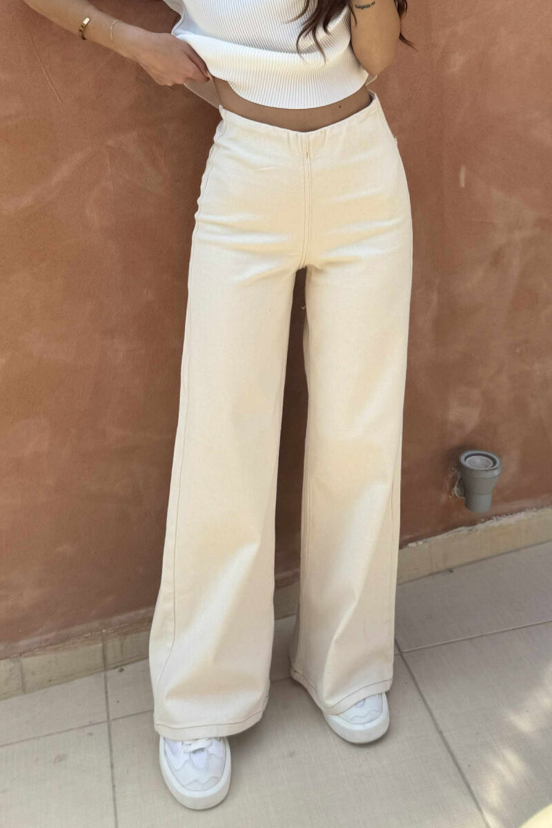 ELASTIC WAIST WIDE LEG WOMEN JEANS CREAM/KREM - 3