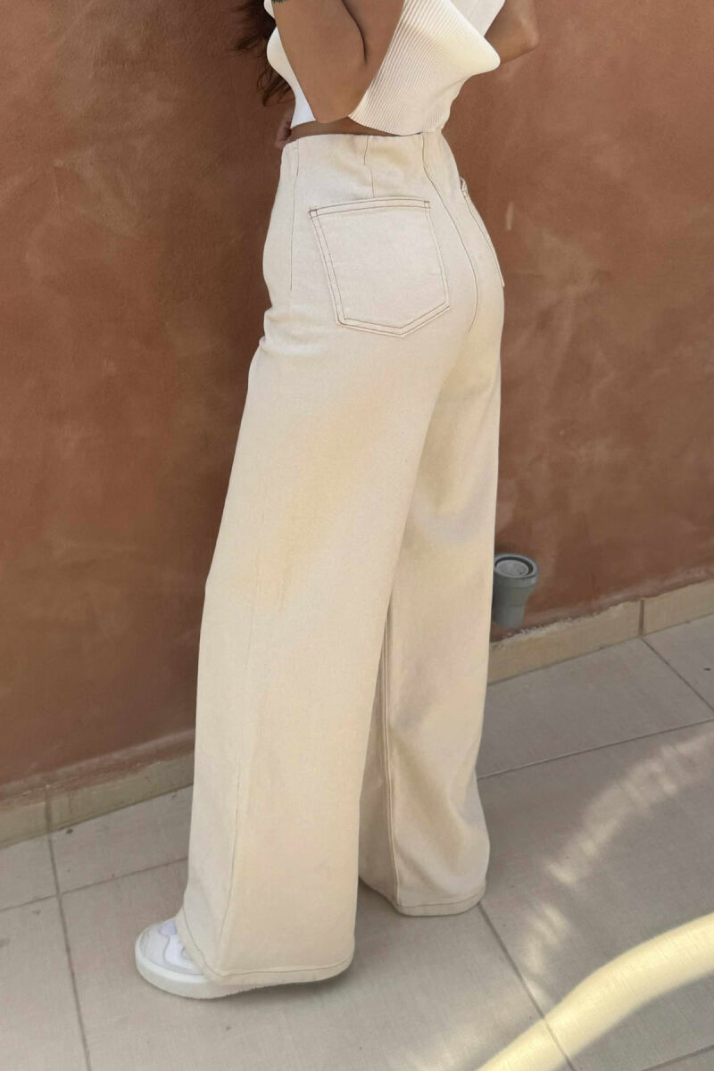 ELASTIC WAIST WIDE LEG WOMEN JEANS CREAM/KREM - 4