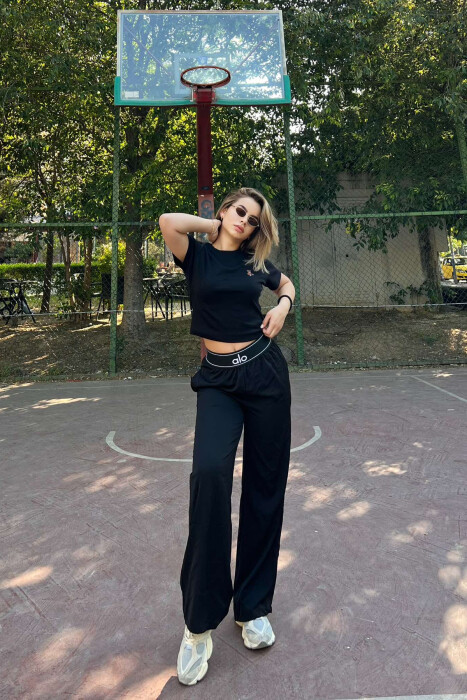 ELASTIC WAIST WIDE LEG WOMEN SWEATPANTS BLACK/ E ZEZE - 1