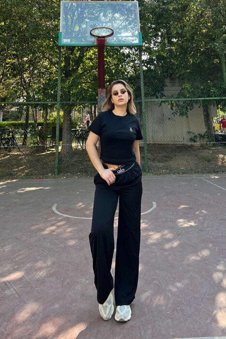 ELASTIC WAIST WIDE LEG WOMEN SWEATPANTS BLACK/ E ZEZE - 2