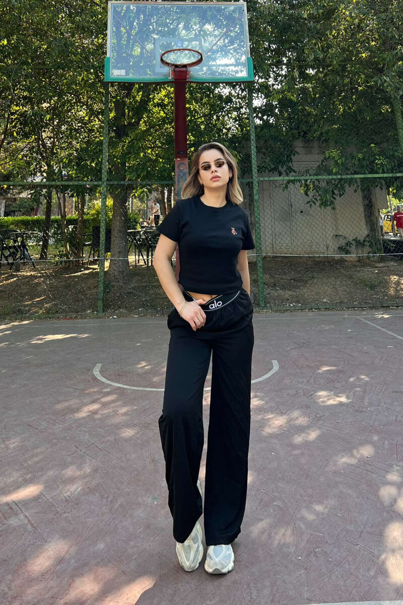 ELASTIC WAIST WIDE LEG WOMEN SWEATPANTS BLACK/ E ZEZE - 2