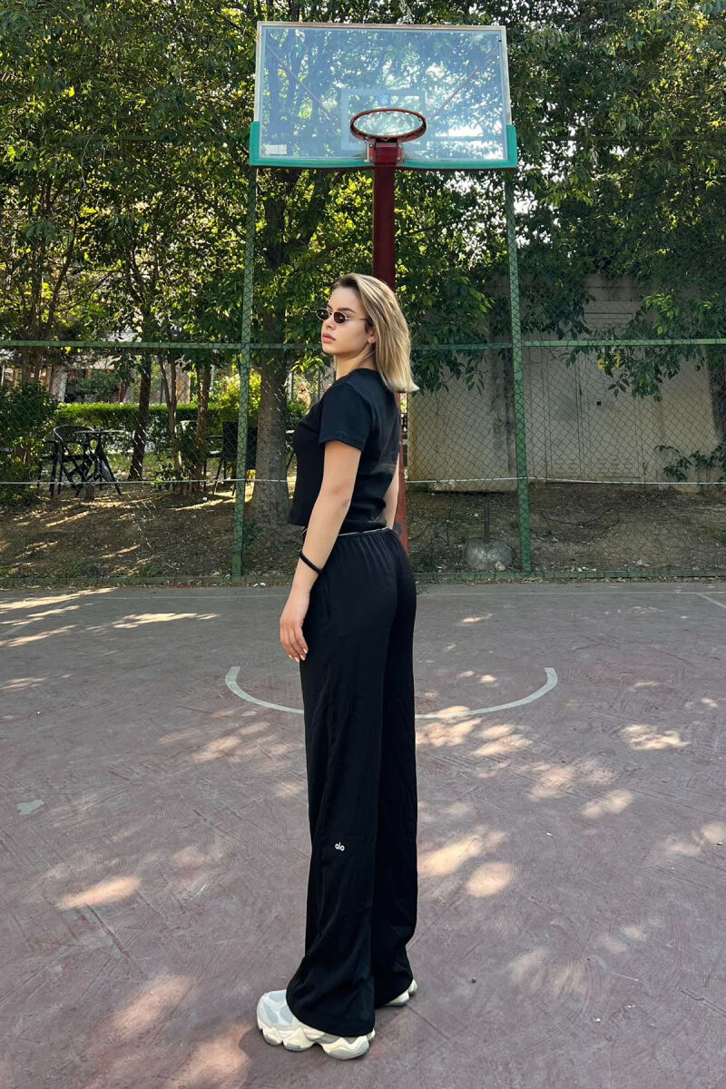 ELASTIC WAIST WIDE LEG WOMEN SWEATPANTS BLACK/ E ZEZE - 3
