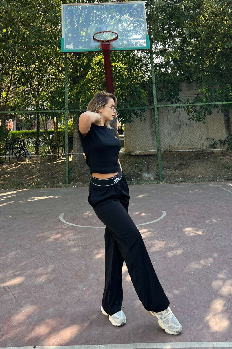 ELASTIC WAIST WIDE LEG WOMEN SWEATPANTS BLACK/ E ZEZE - 4