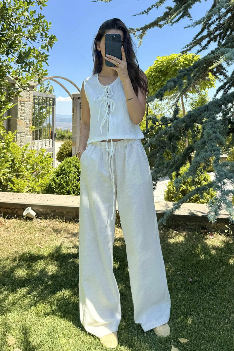 ELASTIC WAIST WIDE LEG WOMEN TROUSERS CREAM/KREM - 1
