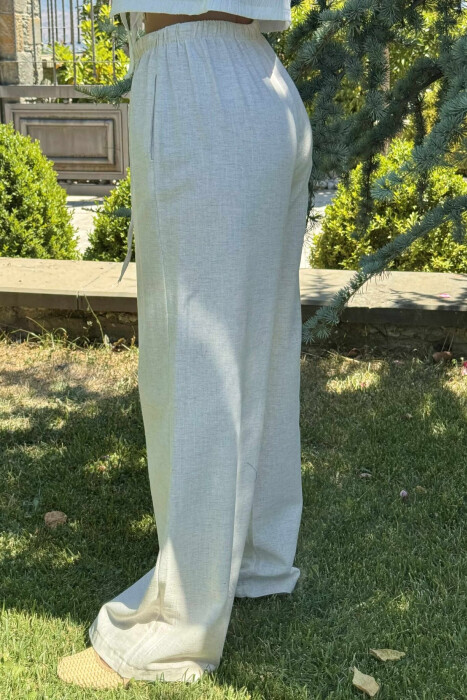 ELASTIC WAIST WIDE LEG WOMEN TROUSERS CREAM/KREM - 3